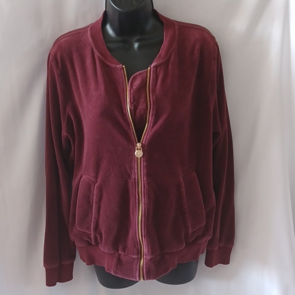 Michael Kors Ladies Velour Jacket - Women's L, Burgundy, full zip